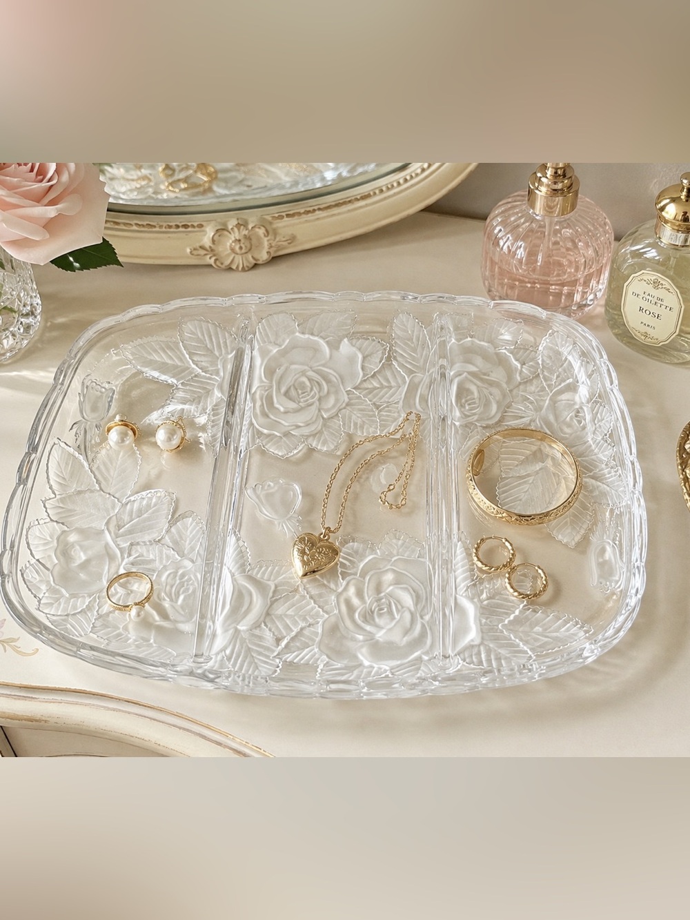 Studio Nova Winter Rose Divided Tray Frosted Glass Roses Serving or Vanity Dish